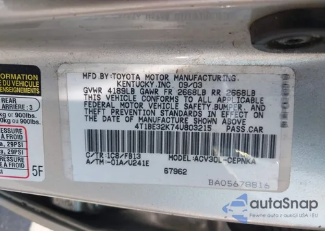 2004 Toyota Camry Le z USA, uszkodzony, nr VIN 4T1BE32K74U803215